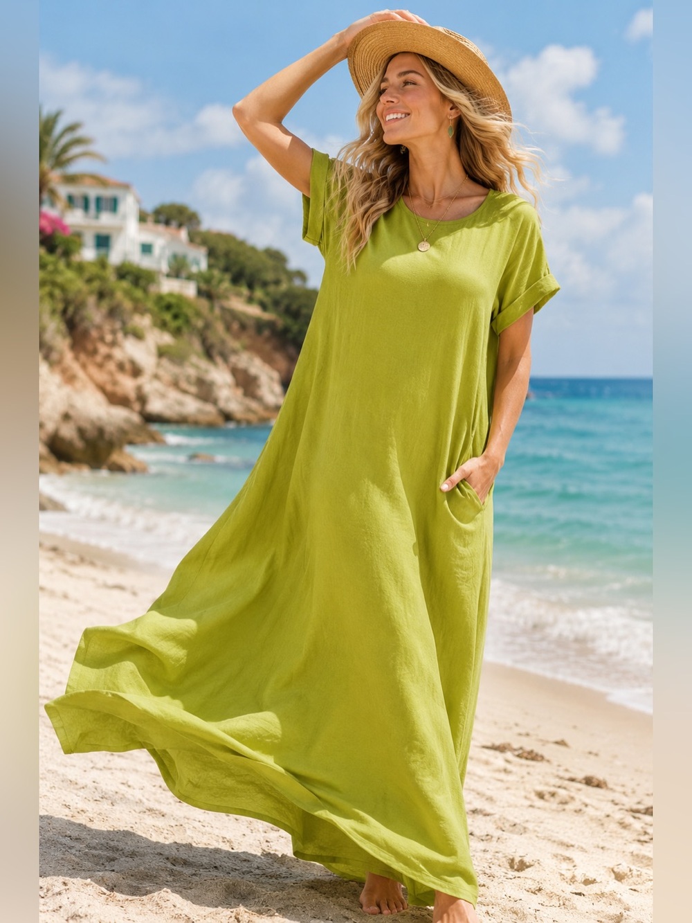 304. Lime Green Maxi Dress w Pockets | One Size Fits 3X 26/53